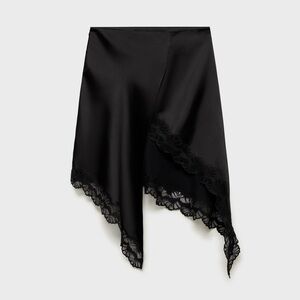 Black Lace-Trim Asymmetric Satin Skirt